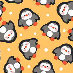 Cute hand drawn colorful yellow penguins with snow, kids seamless pattern winter background