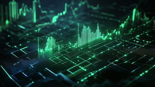 Abstract digital representation of data analysis with green graphs and charts on a dark background.