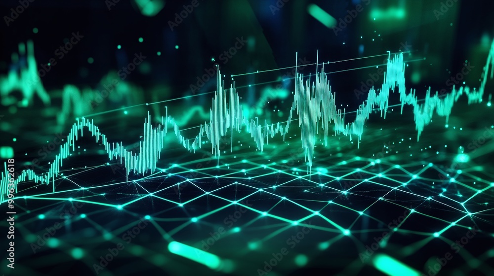 Poster abstract digital sound wave graph with green lines on a dark background depicting sound analysis and