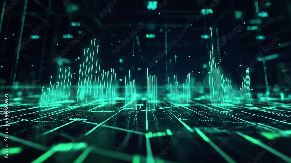 Poster abstract digital sound wave data visualization with glowing green lines on a dark background.
