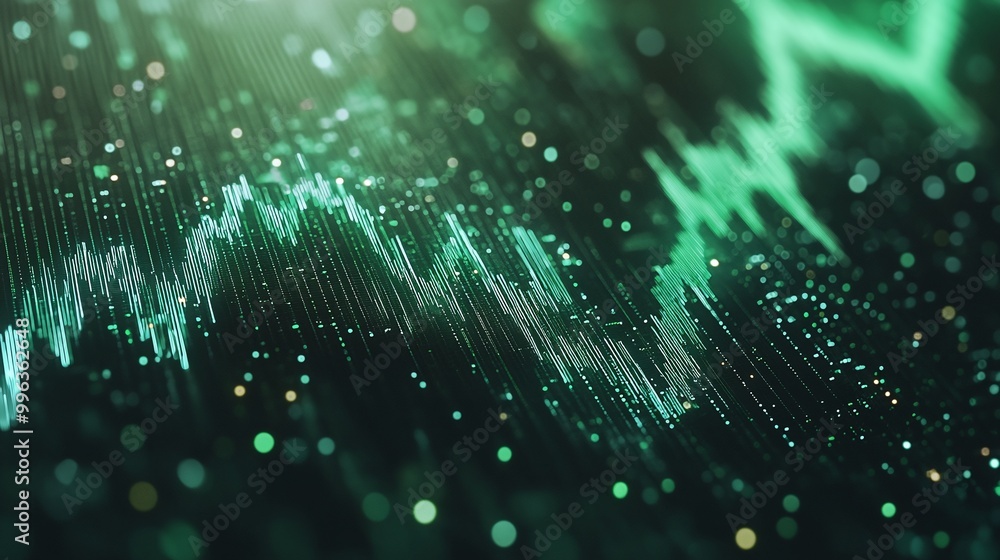 Poster abstract digital sound wave pattern with green hues and sparkles, representing technology and data v