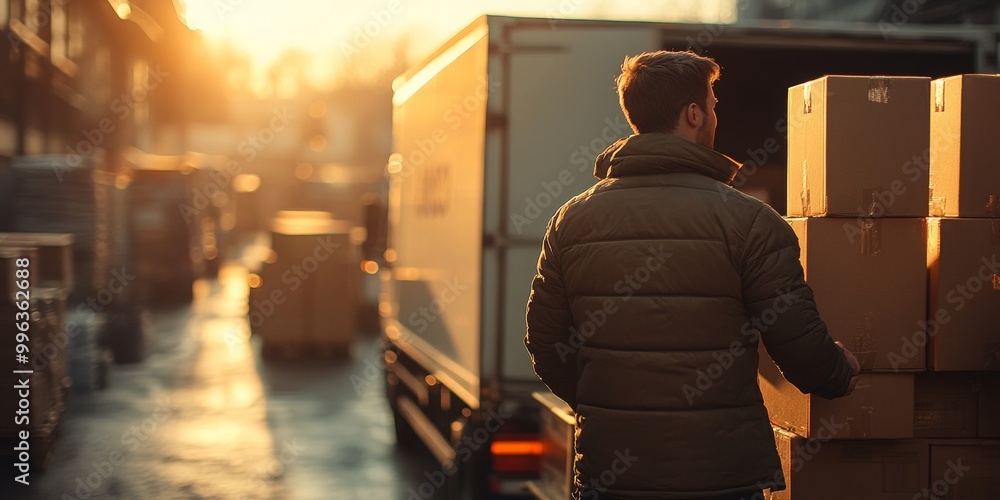Aufkleber truck driver efficiently loading cargo, bright lighting highlighting the busy loading area, focused 