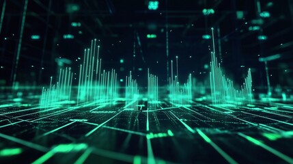 Abstract digital sound wave data visualization with glowing green lines on a dark background.