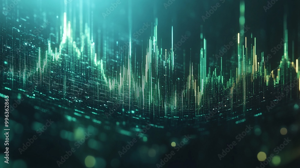 Poster abstract digital sound wave representation with glowing green lines on a dark background.