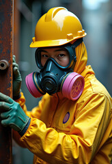 危険服と呼吸用保護具を着た人。