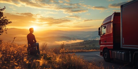 Fototapeta premium Truck Driver at Rest Area, serene moment of solitude, soft landscape backdrop, gentle light enhancing tranquility and reflection.