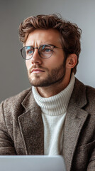 Obraz premium Young man in glasses looking up thoughtfully.