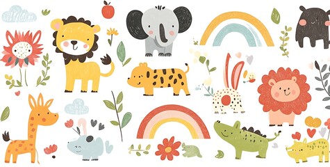 Fototapeta premium A cute doodle sticker sheet of cartoon animals, rainbows, and flowers