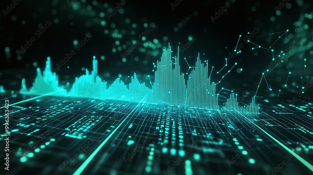 Poster abstract digital sound wave visualization in vibrant teal against a dark background, showcasing data