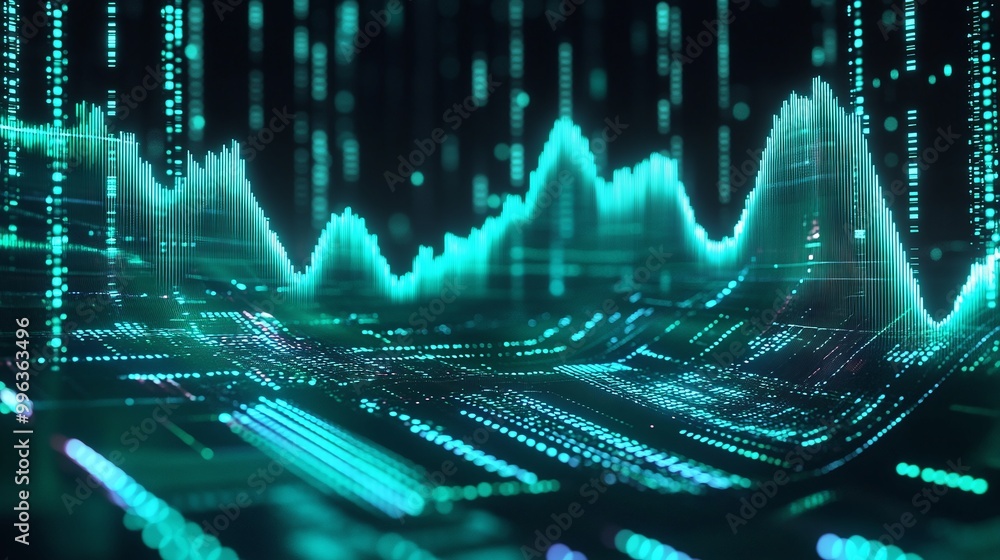 Poster abstract digital sound wave visualization representing audio frequencies in a vibrant blue-green spe