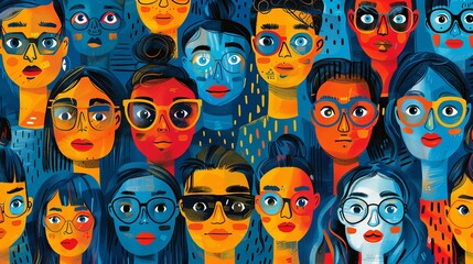 Obraz premium Quirky people portraits seamless pattern. Minimal, abstract contemporary style faces, funny comic characters. Decor textile, wrapping paper, wallpaper design. Tidy vector background