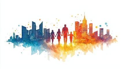 On a white background, a simple illustration depicts a united family from behind.