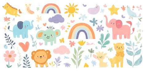 Fototapeta premium A cute doodle sticker sheet of cartoon animals, rainbows, and flowers