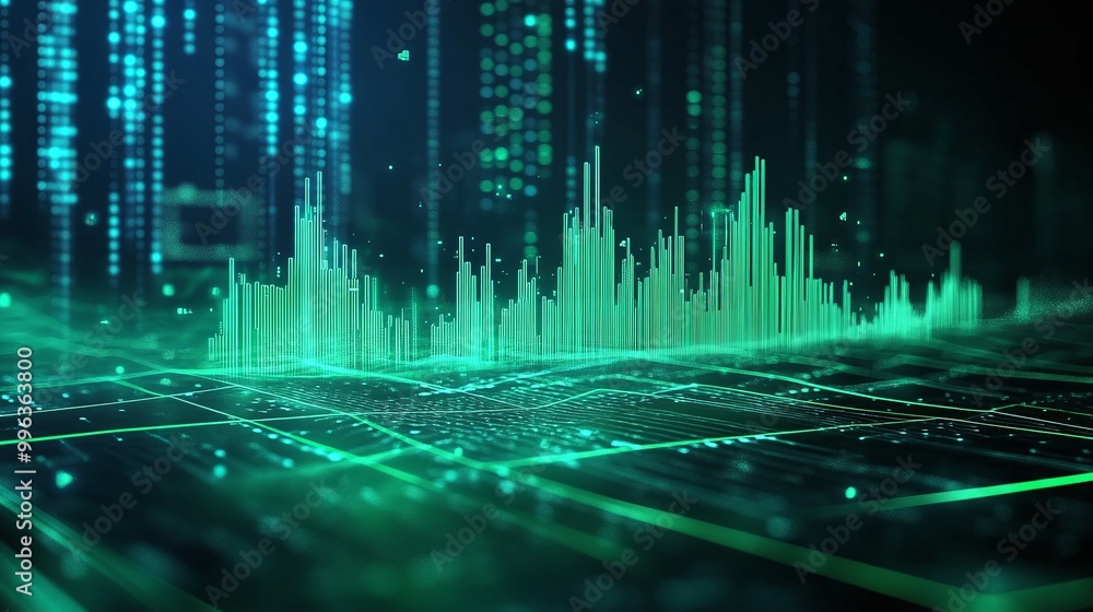Poster abstract digital sound wave visualization with green tones and data patterns on a dark background.