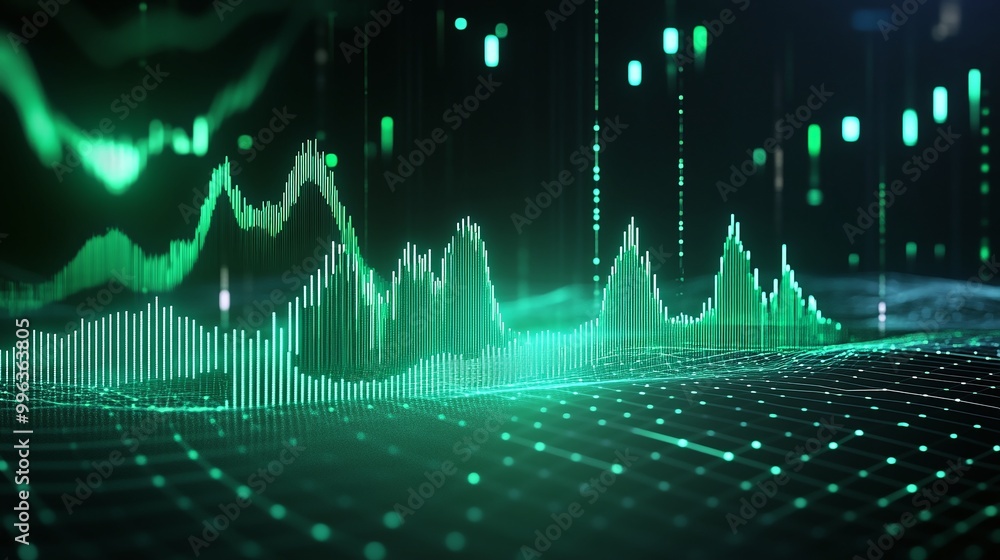Poster abstract digital sound wave visualization with green tones on a dark background, representing audio 