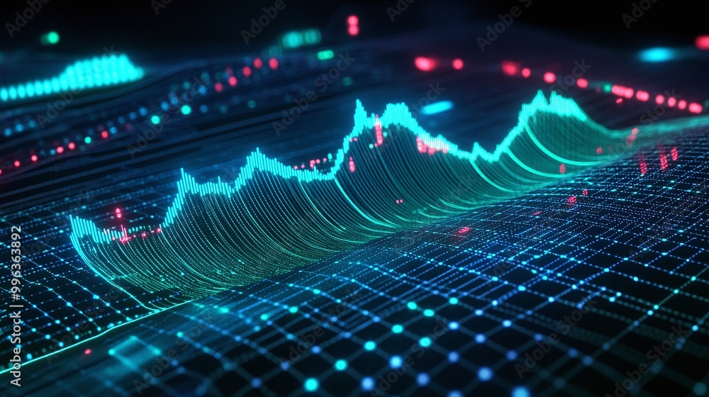 Poster abstract digital sound wave visualization with vibrant colors and wave patterns on a grid background