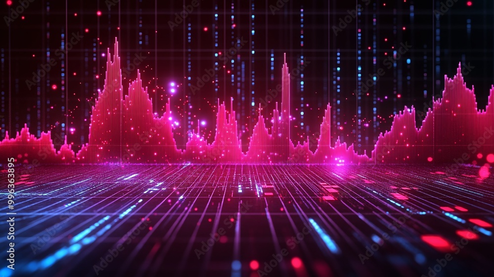 Poster abstract digital sound wave visualization with vibrant colors and patterns on a dark background.