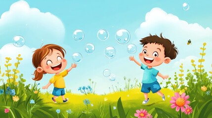 A smiling cartoon boy and girl chasing bubbles in a garden, with plenty of room for text in the sky.