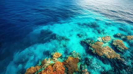 Fototapeta premium An amazing aerial view of a turquoise ocean with coral reefs, showcasing the vibrant underwater landscape from above.