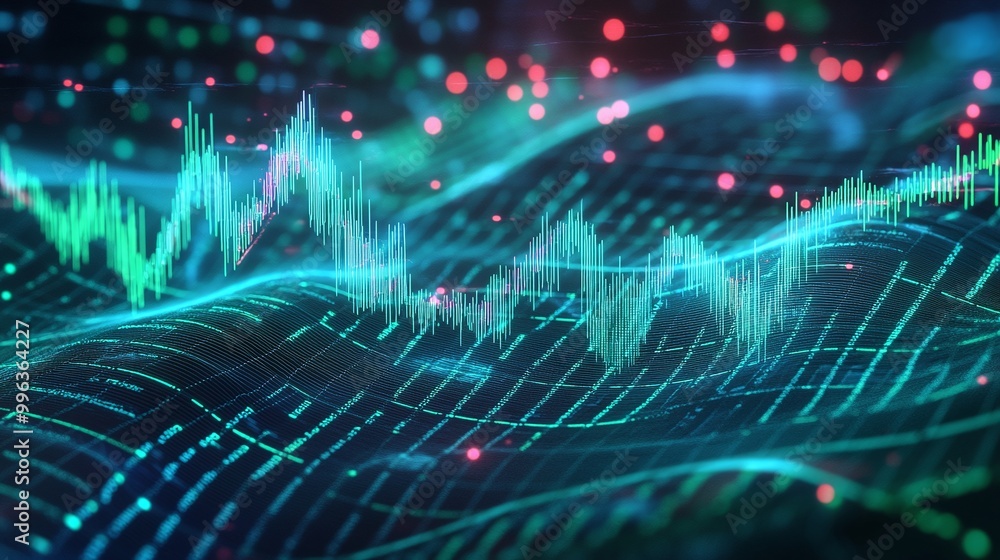 Poster abstract digital sound waves visual representation with vibrant colors and dynamic lines.
