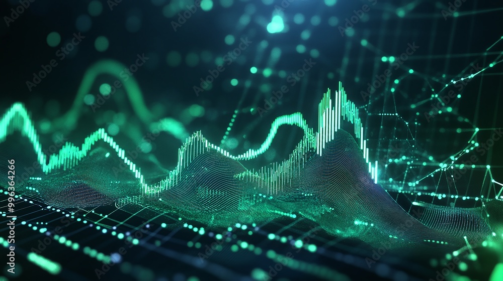 Poster abstract digital sound waves with green lines and glowing particles against a dark background.