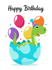 Vector dinosaur themed happy birthday card, Dinosaur hatching egg in party hat with balloons and stars. Perfect for birthday invitations, kids party decor, and celebration themes.