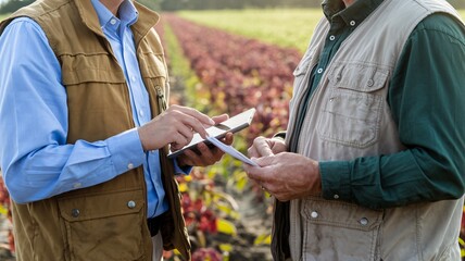 Agricultural Business Meeting in the Field. Close-up of business professionals having a discussion in an agricultural setting, holding important documents.