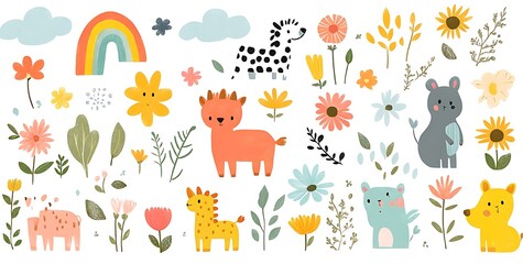 A cute doodle sticker sheet of cartoon animals, rainbows, and flowers