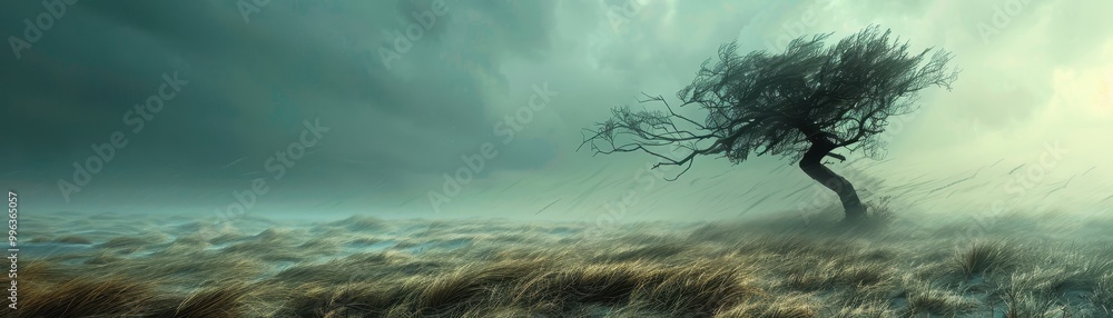 Poster a tree is blowing in the wind in a field