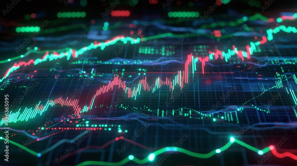 Poster abstract digital stock market chart with green and red lines depicting financial trends and data ana