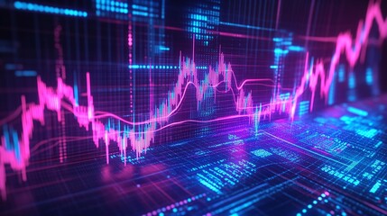 Abstract digital stock market chart with glowing lines and data visualizations in vibrant colors.