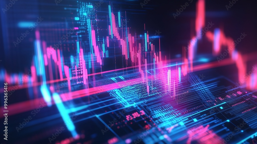 Poster abstract digital stock market data visualization with colorful trend lines and bar graphs on a dark 