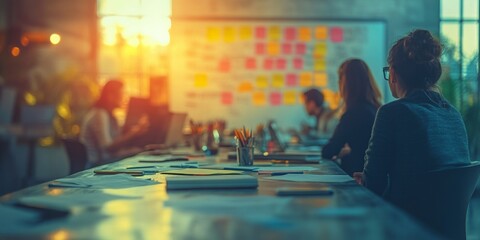TV producer collaborating with writers, whiteboard notes softly illuminated, fostering creative discussion in a dynamic environment