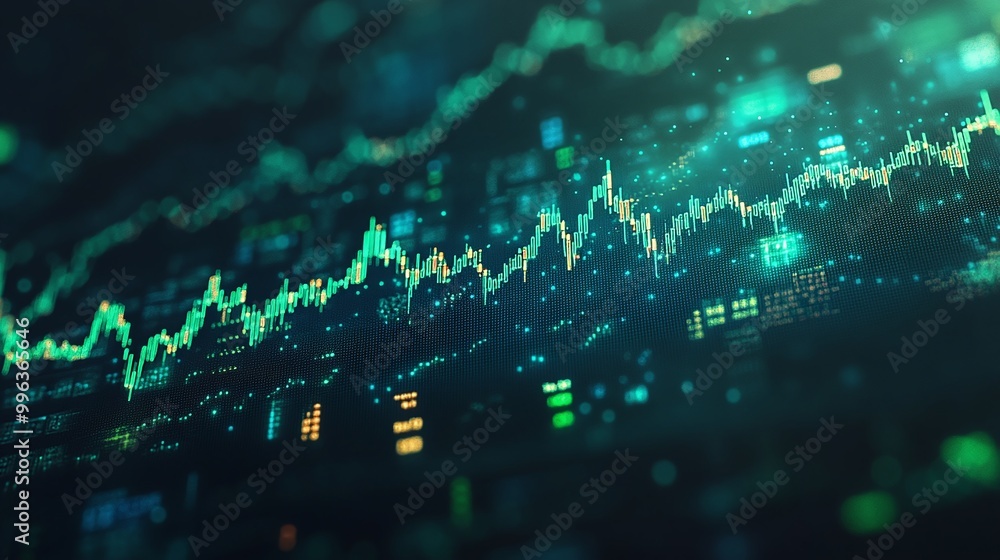 Poster abstract digital stock market data visualization with green and blue lines and glowing elements.