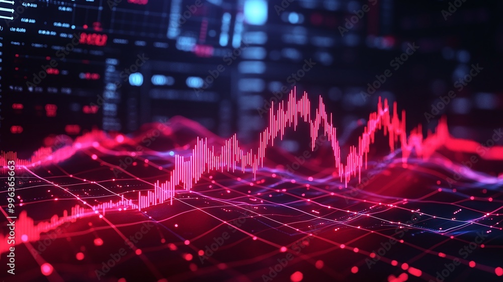 Poster abstract digital stock market data visualization with red graph lines on a dark background, illustra