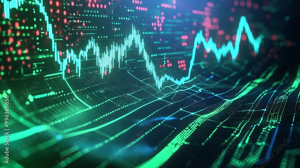 Aufkleber abstract digital stock market data visualization with vibrant green and red lines on a dark backgrou