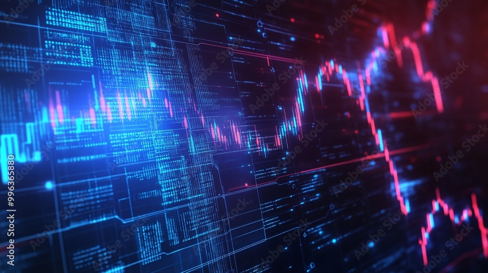 Poster abstract digital stock market display with blue and red data visualization and trading charts on dar