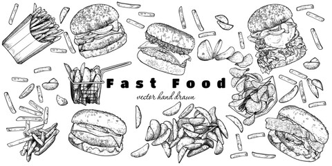 Vector hand drawn burgers, fries and wedges with lettuce, meat, bread bun, cheese, egg, bacon as ingredients. Vector outline and fill on white background. Ingredients are grouped separate.