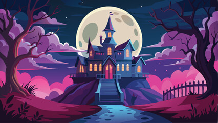 Print Spooky Mansion with Full Moon Halloween Background Vector Illustration of Haunted House at Night