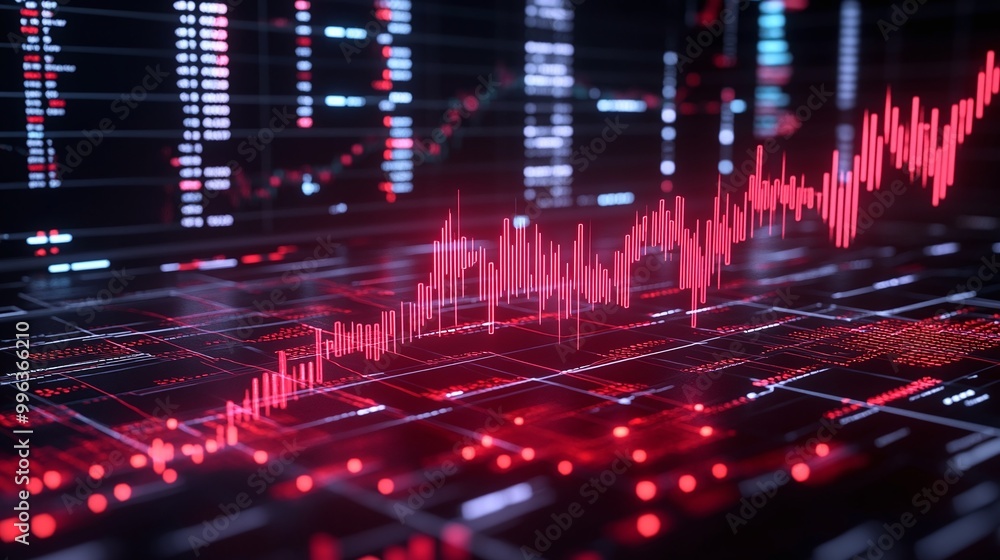 Poster abstract digital stock market graph showing upward trend with red lines on dark background.
