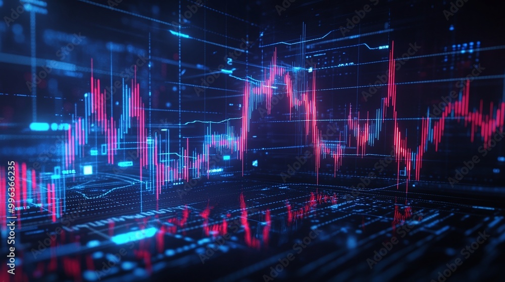 Aufkleber abstract digital stock market graph with blue and red lines against a dark background, representing 