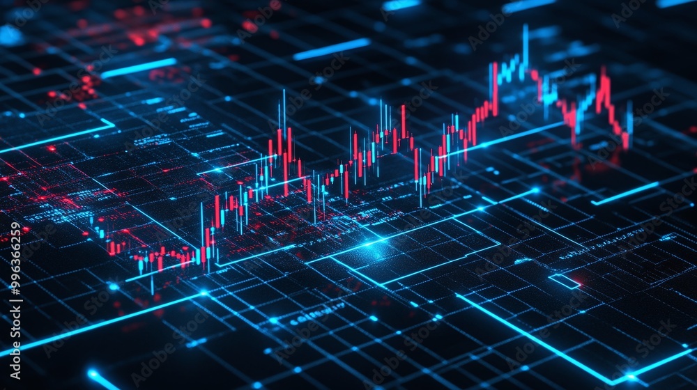 Poster abstract digital stock market graph with blue and red lines on a dark background, representing data 