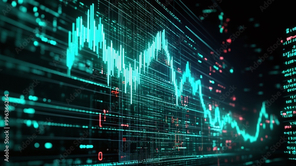 Poster abstract digital stock market graph with fluctuating data analytics on a dark background.