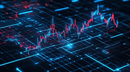 Abstract digital stock market graph with blue and red lines on a dark background, representing data analysis and trading.
