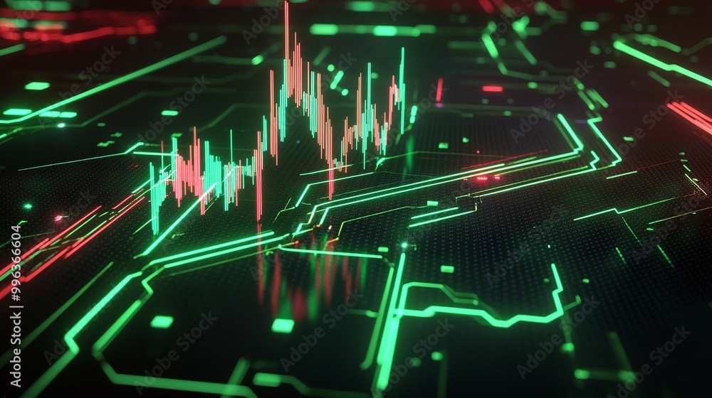 Poster abstract digital stock market graph with green and red lines over a circuit board background.