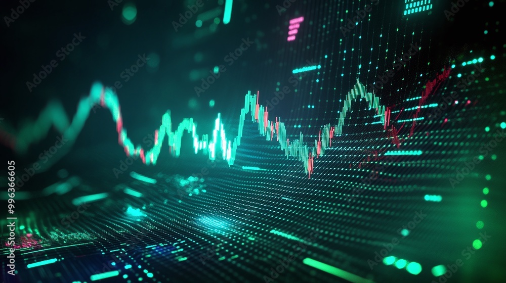 Poster abstract digital stock market graph with green and pink data points showcasing financial trends and 