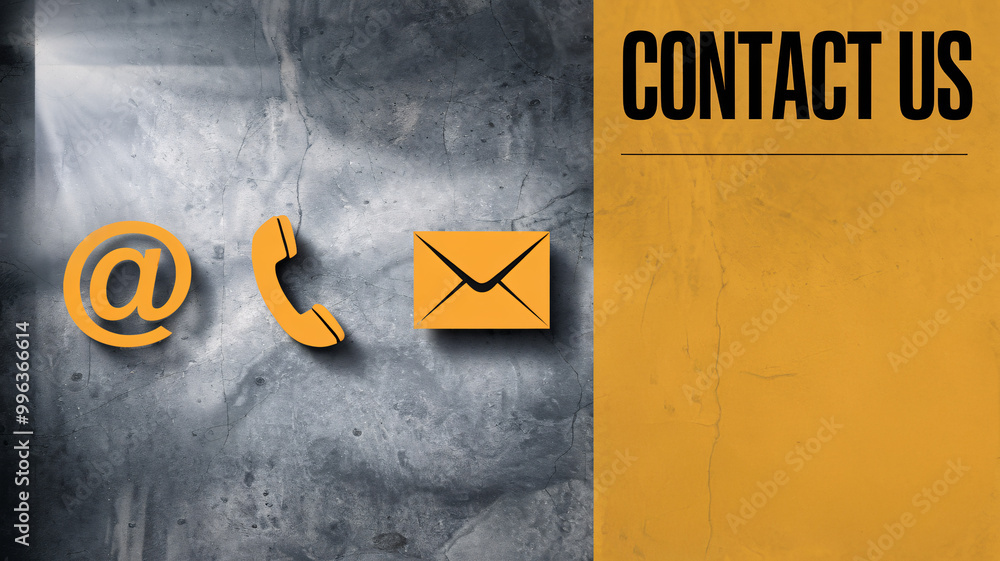 Poster vibrant contact us page layout with oversized icons on textured background