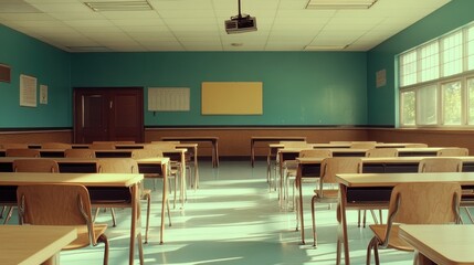 A high school classroom with neat rows of wooden desks and chairs, empty and quiet, waiting for students to arrive.