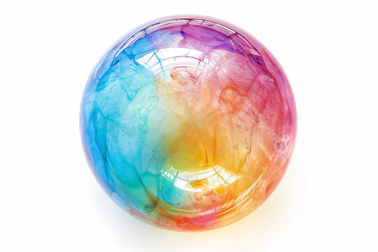 Close-up of a vibrant rainbow-colored soap bubble, floating against a white background.