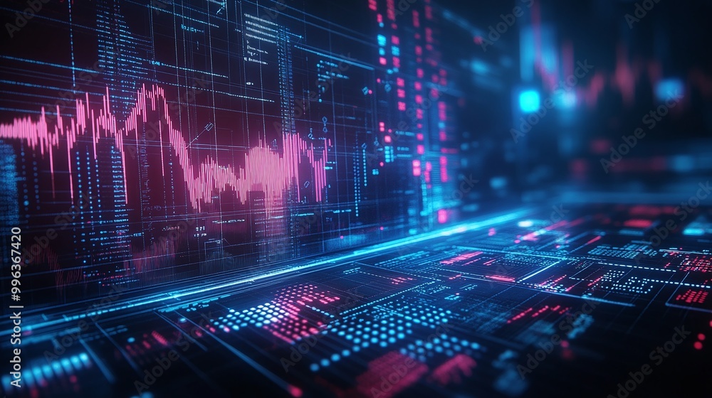 Poster abstract digital technology background with colorful graphs and data visualizations.